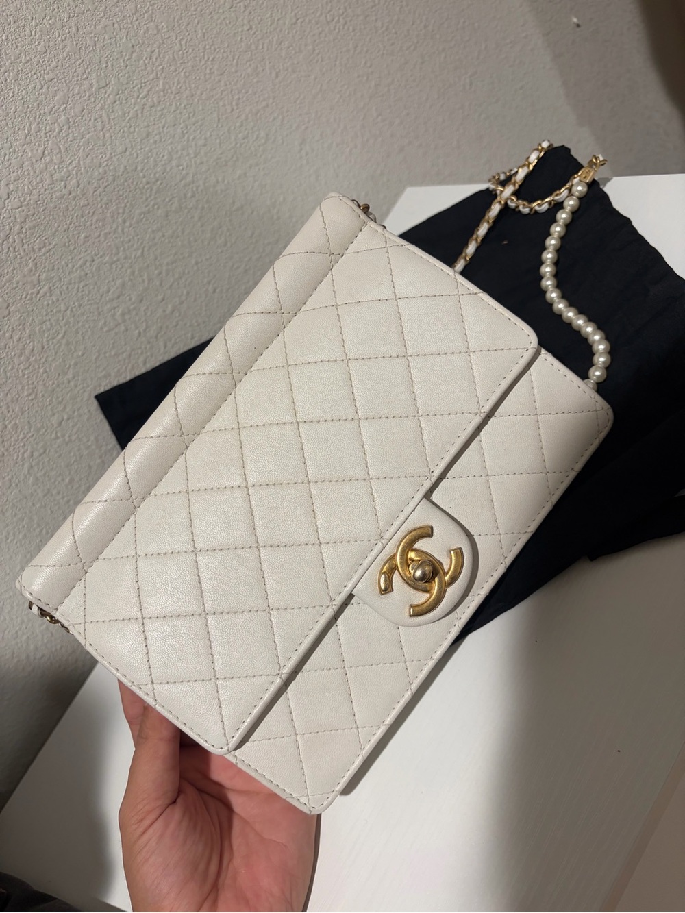 CHANEL Cream Quilted Leather Crossbody with Gold CC & Pearl-Chain Strap